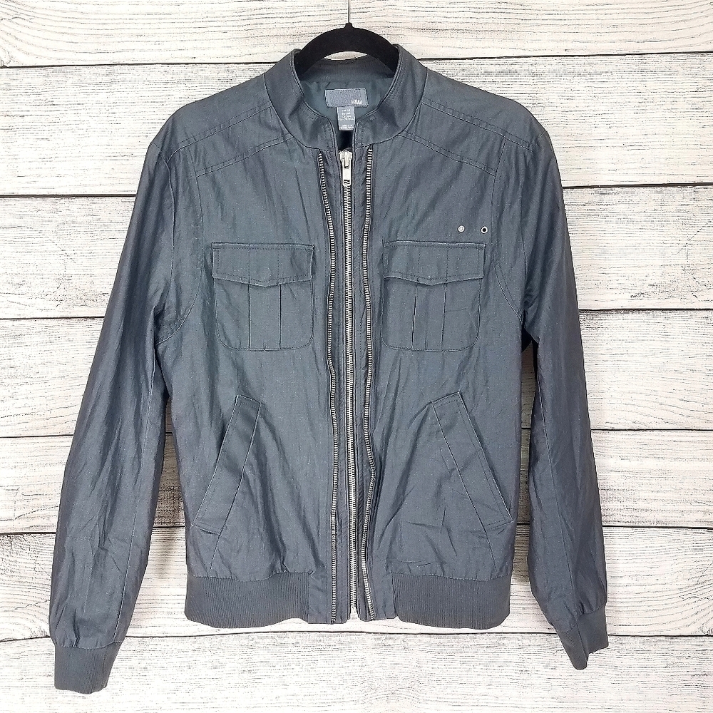 H&M Coated Bomber Jacket Zip up Pockets Gray Grunge Biker Moto Casual Mens 38 R